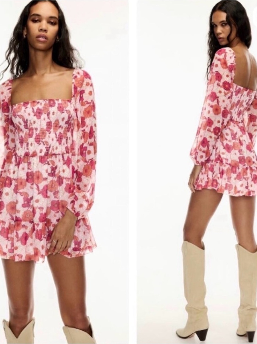 Aritzia Pink and Red Floral Smocked Square-Neck Mini Dress